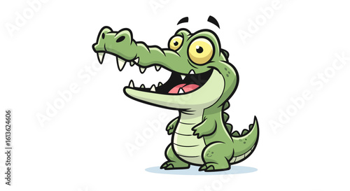 A cheerful cartoon crocodile with wide eyes and a toothy grin, standing upright.