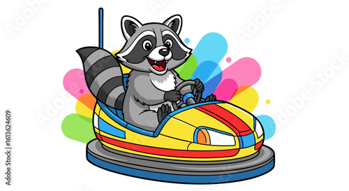 A cheerful raccoon joyfully drives a bumper car with colorful background splashes.