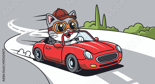 Cartoon cat joyfully driving a red convertible car along a winding road, enjoying the ride.