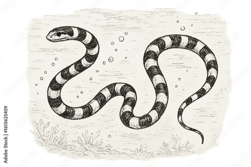 Fototapeta premium Charming black and white illustration of a striped snake swimming, ideal for aquatic reptile and nature art enthusiasts.