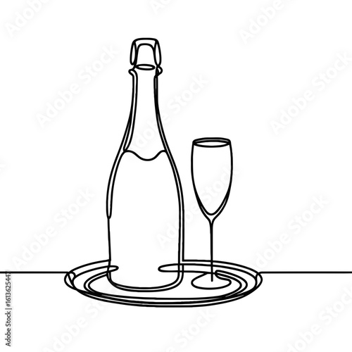 Champagne bottle and glass in minimalist black and white outline for celebrations