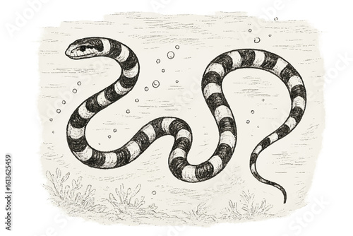 Charming black and white illustration of a striped snake swimming, ideal for aquatic reptile and nature art enthusiasts.