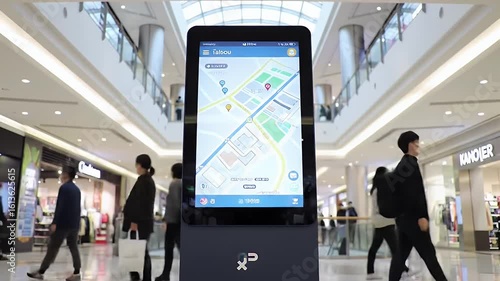 Digital Directory in Busy Shopping Mall with People Wearing Face Mask for Protection Against Virus and Bright Lighting