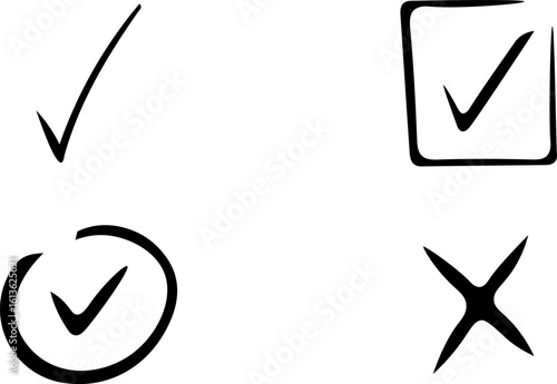 Checkmark and cross symbols in black ink on white tick