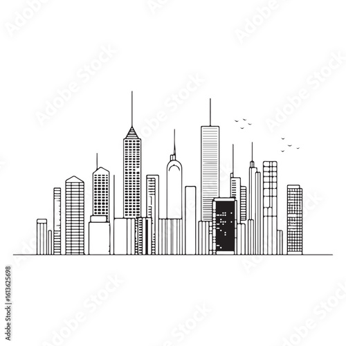 modern city skyline with skyscrapers silhouette, modern city skyline with skyscrapers vector illustration, A stylized black silhouette of city skylines featuring modern skyscrapers