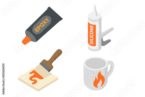 Heat-resistant adhesive icon set. Isometric vector illustration of epoxy glue tube, silicone sealant gun, and high-temperature bonding for industrial or ceramic repair.