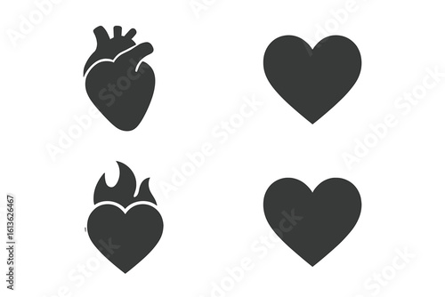 Heart icon set vector. Love symbol collection. Anatomical heart for cardiology and health. Passion fire heart. Valentine's day romance silhouette symbol collection.