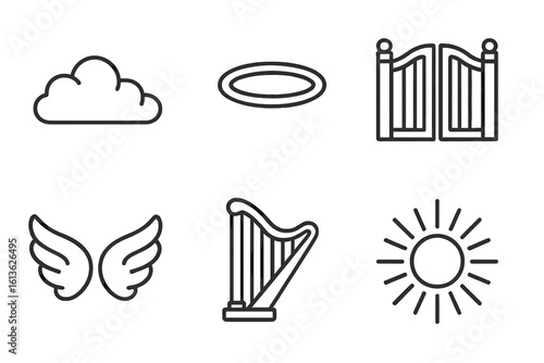 Heavenly icon set. Christian symbols of paradise and afterlife. Outline vector collection of angel wings, halo, harp, cloud, sunburst, and golden heaven's gate.