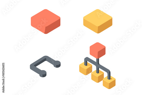 Isometric hierarchy chart icon set for creating data infographics. Vector elements for organizational structure diagrams, flowcharts, and sitemaps. Includes root and child nodes.