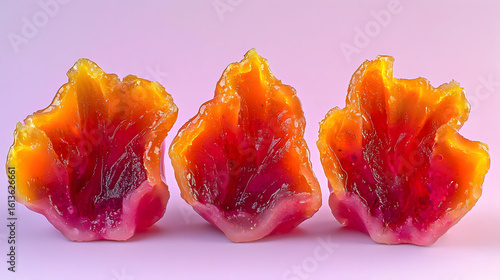 Three vibrant, sculpted candies, a gradient of orange and red, resembling stylized floral or flame shapes, in close-up against a soft, pastel background