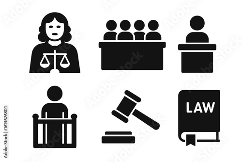 Law and justice icon set. Vector glyphs of judge, jury, witness, defendant, gavel, and law book. Courtroom, trial, and legal symbols for crime and judgment concept.