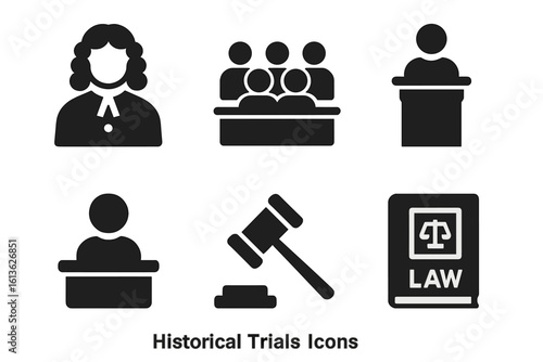 Law and justice icon set. Historical trial elements. Judge in wig, jury box, witness stand, defendant, gavel, and law book pictogram collection. Solid court glyphs.