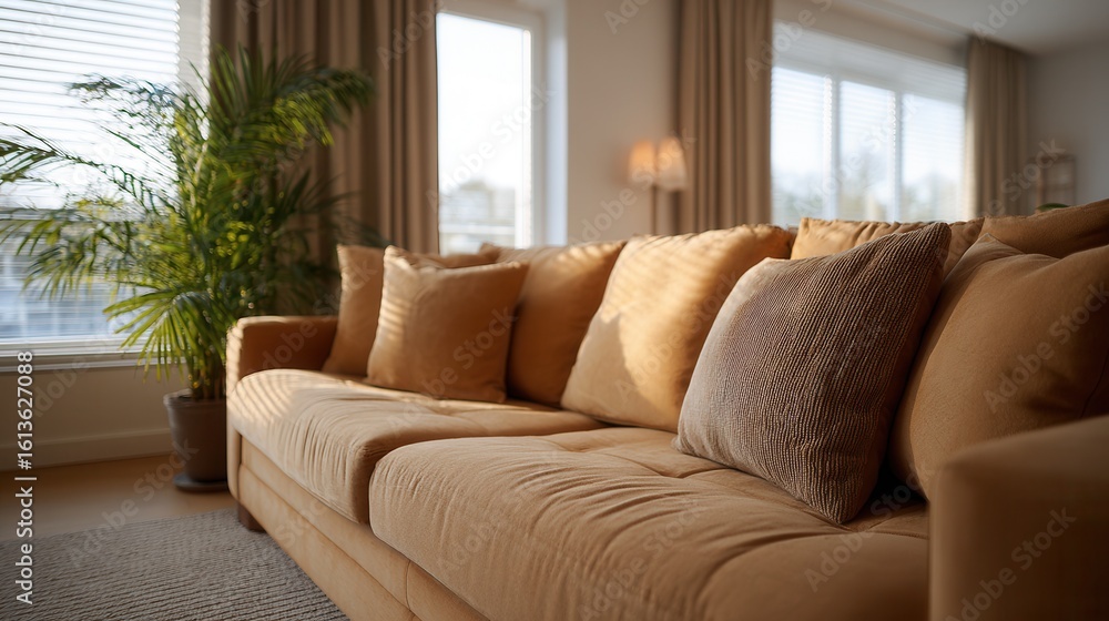 Fototapeta premium Cozy living room with sunlit couch and indoor plant near large windows.