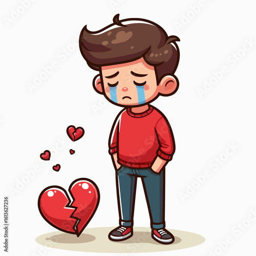 Cartoon illustration of a young boy looking sorrowful, standing near a shattered red heart.  He is dressed in casual attire and tears are falling from his eyes.