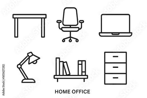 Home office icons set. Outline vector symbols of workspace essentials. Desk, chair, laptop, lamp, bookshelf, and filing cabinet. Modern line art for remote work concepts.