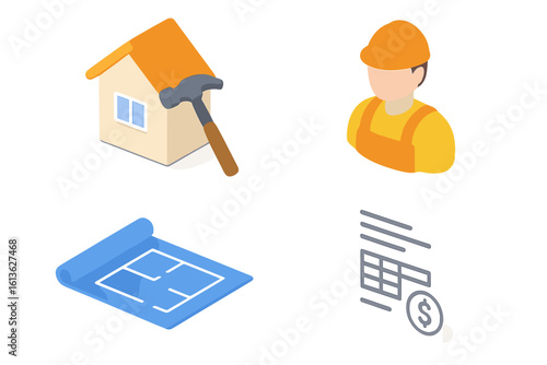 Home renovation isometric icon set. House repair and construction project symbols. Contractor worker, building blueprint, and cost estimate budget vector illustration.