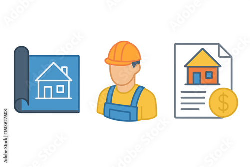 Home renovation icon set with contractor, blueprint, and cost estimate. Vector for construction project, building plan, and real estate mortgage. Flat design isolated.