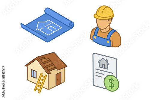 Home renovation isometric icon set. House repair and construction project symbols. Vector illustration of blueprint, contractor, building and cost estimate for real estate.