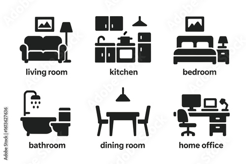 Home rooms icon set. Solid glyph collection of interior furniture symbols. Living room, kitchen, bedroom, bathroom, dining room, and home office vector pictograms.