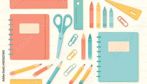 School stationery set with pencils pens ruler notebook and colorful art supplies isolated on white background