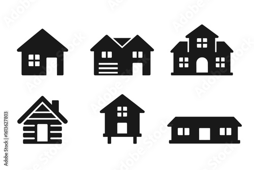House icon set. Solid filled glyph collection of home silhouettes. Features suburban, duplex, villa, cabin, stilt, and ranch houses. Vector for real estate and web.