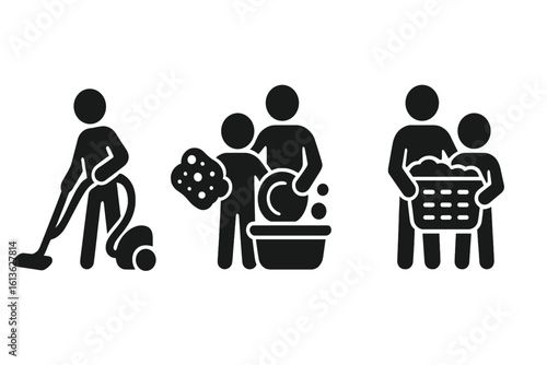 Household chores solid glyph icons set. Family cleaning together. Parent and child vacuuming, doing laundry, washing dishes. Domestic life and housekeeping vector pictograms.