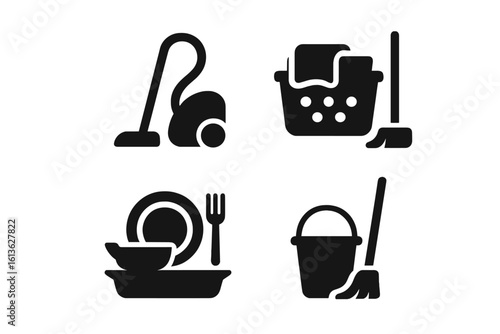 Household chores icon set. Solid glyph vector icons for cleaning service. Domestic duty symbols: vacuum cleaner, laundry basket, dish washing, mop and bucket. Housework.