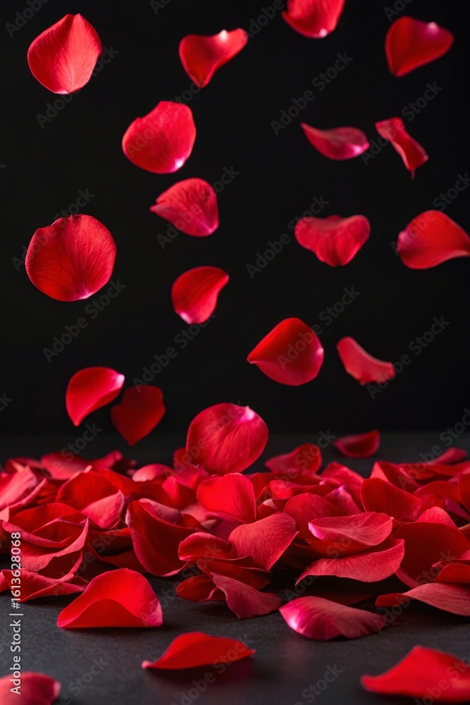 Fototapeta premium Dramatic falling red rose petals against pure black background creating elegant romantic atmosphere, perfect for luxury wedding design and premium advertising campaigns with sophisticated floral textu