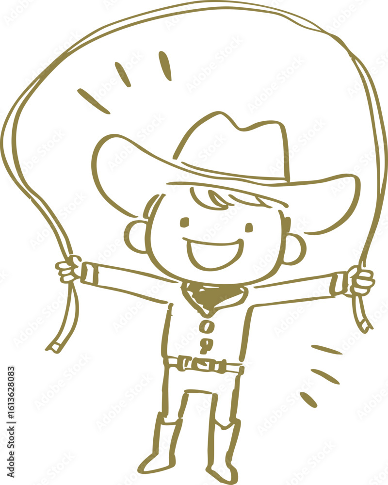 Obraz premium Cheerful child wearing cowboy hat and holding lasso, smiling happily with arms outstretched, simple line drawing style, conveying joy and adventure, suitable for children illustrations or playful