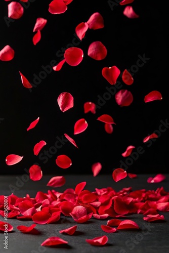 Stunning high-contrast photograph of falling red rose petals on deep black backdrop, ideal for luxury romance branding and wedding celebration advertising with elegant floral design elements  
