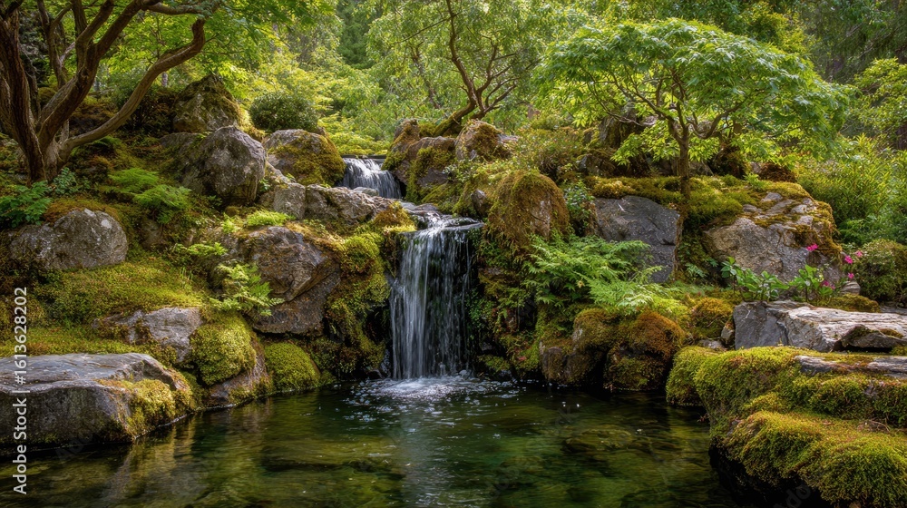 Naklejka premium Tranquil garden waterfall cascading over mossy rocks
