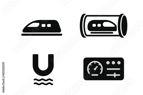 Hyperloop travel icons. Solid glyph icon set. Future transportation technology. High-speed train in vacuum tube. Magnetic levitation maglev. Futuristic pod, control panel.