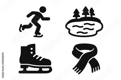 Ice skating icon set. Winter sports solid glyph icons collection. People skating on frozen lake, ice skate boot, scarf. Vector silhouette pictograms for activity.
