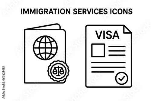 Immigration legal services outline icons. Passport with law stamp, visa application form. International travel, citizenship, embassy, legal assistance vector illustration.