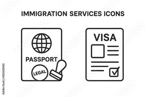 Immigration services outline icon set. Passport with legal stamp and visa application form. Vector for travel document, border control, tourism, and legal entry.
