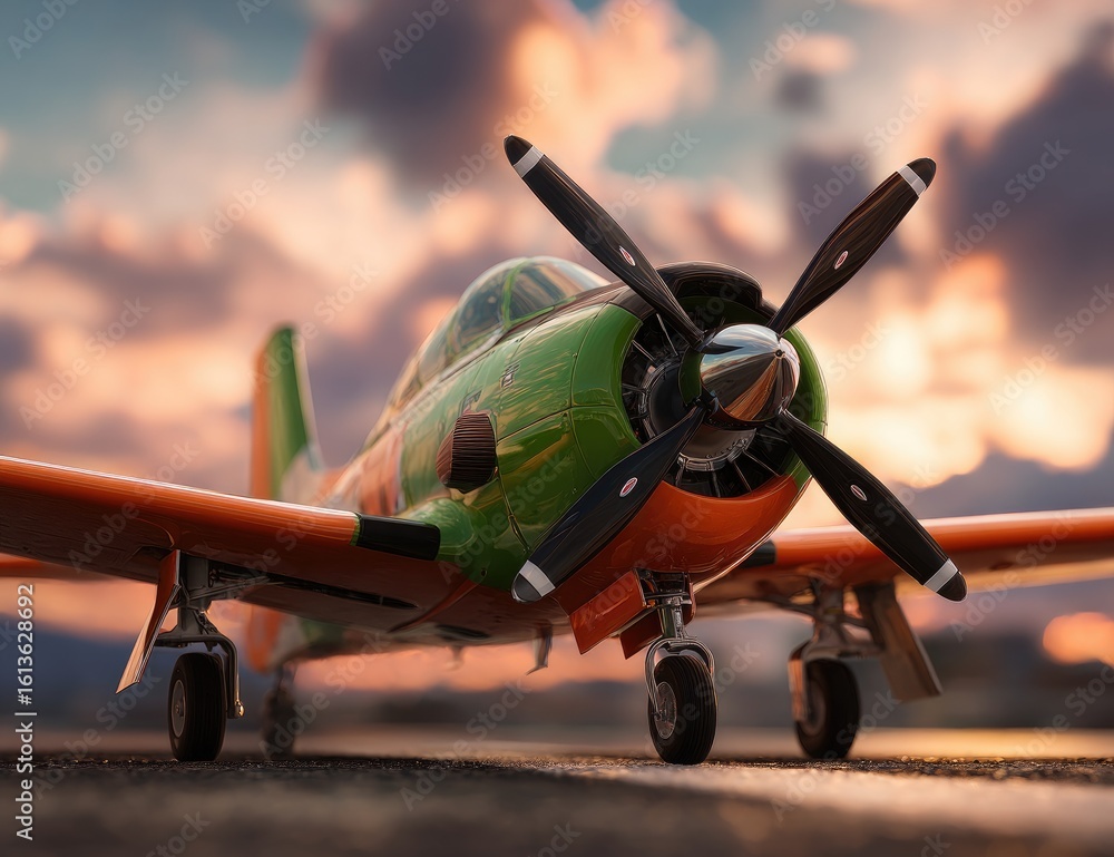 Fototapeta premium Vintage propeller plane, sunset backdrop
