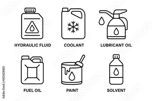Industrial liquid outline icon set. Vector symbols for hydraulic fluid, coolant, lubricant oil, fuel, paint, solvent. Canister, bottle, and jerrycan pictograms for industry.