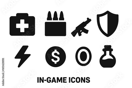 Game UI solid icon set. Vector glyphs for game interface. Health pack, ammo box, weapon, shield, power up, coin, magic potion. In-game item resources for HUD design.