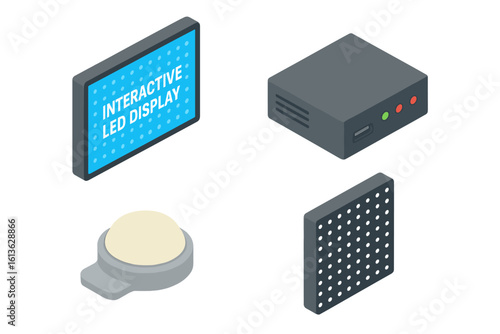 Isometric icon set of interactive LED display components. Vector illustration includes LED wall, digital panel, controller box, and light sensor for electronic signage.
