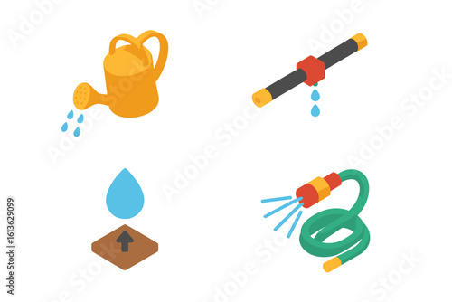 Irrigation tools icon set. Isometric flat vector illustration of gardening equipment. Watering can, drip irrigation tube, garden hose, and soil moisture symbol for farm.