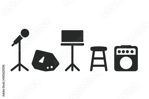 Live music performance vector icon set. Stage equipment glyphs. Microphone, speaker, amplifier, music stand, stool. Concert, festival, jazz, rock band gear symbols.