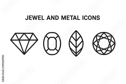 Jewel icons set. Precious gem and stone outline symbols. Diamond, brilliant, ruby, sapphire, emerald shapes. Jewelry logo element. Vector line art illustration.