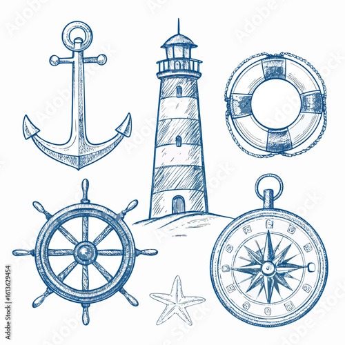 Nautical Elements: Anchor, Lighthouse, Life Ring, Ship Wheel, Compass, Starfish - Vector Illustration