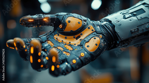 Craftsperson assembles mechanical prosthetics in high-tech workshop for biopunk film character creation