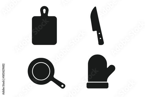 Kitchen tools icon set. Cooking equipment glyphs. Food preparation symbols. Vector collection. Chef knife, cutting board, frying pan, oven mitt silhouette. Utensils.