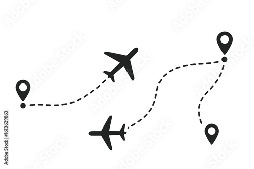 Airplane flight route with start and end destination points. Aircraft travel path with dotted line trace. Plane location tracking icon for map navigation. Vector journey symbol.