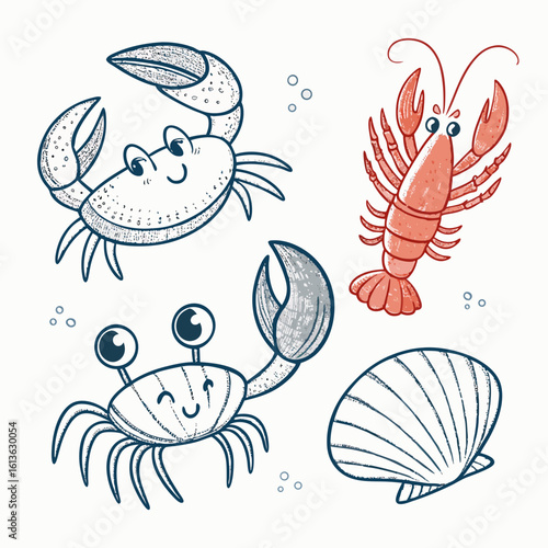 Cute Seafood Illustrations: Crabs, Lobster & Shellfish Clipart for Design Projects
