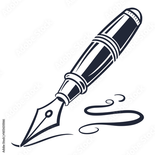 Elegant fountain pen creating swirling ink lines symbolizing classic writing and artistic expression on a white background