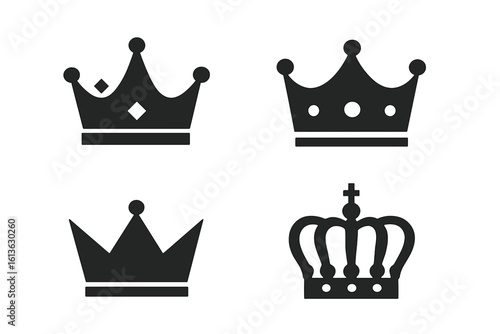 Crown vector collection. Black icon set of 4 king emblems. Royal symbols for monarchy. Exclusive, VIP, premium, luxury sign. Heraldic logo element illustration.