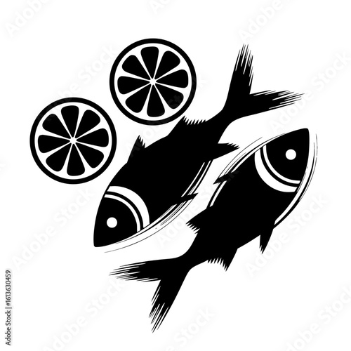 Grilled fish with lemon graphic illustration, with circles of citrus fruit, creating an elegant simple food and drink display. 